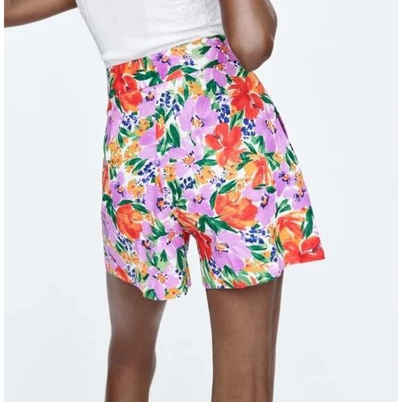 Zara Linen Blend High‎ Waisted Floral Shorts Multicolor Size Medium - Picture 3 of 7